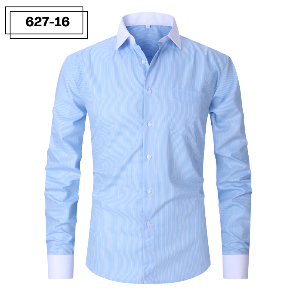 ["Men's dress shirt","Striped button-down","Long sleeve men's top","Formal shirt"]