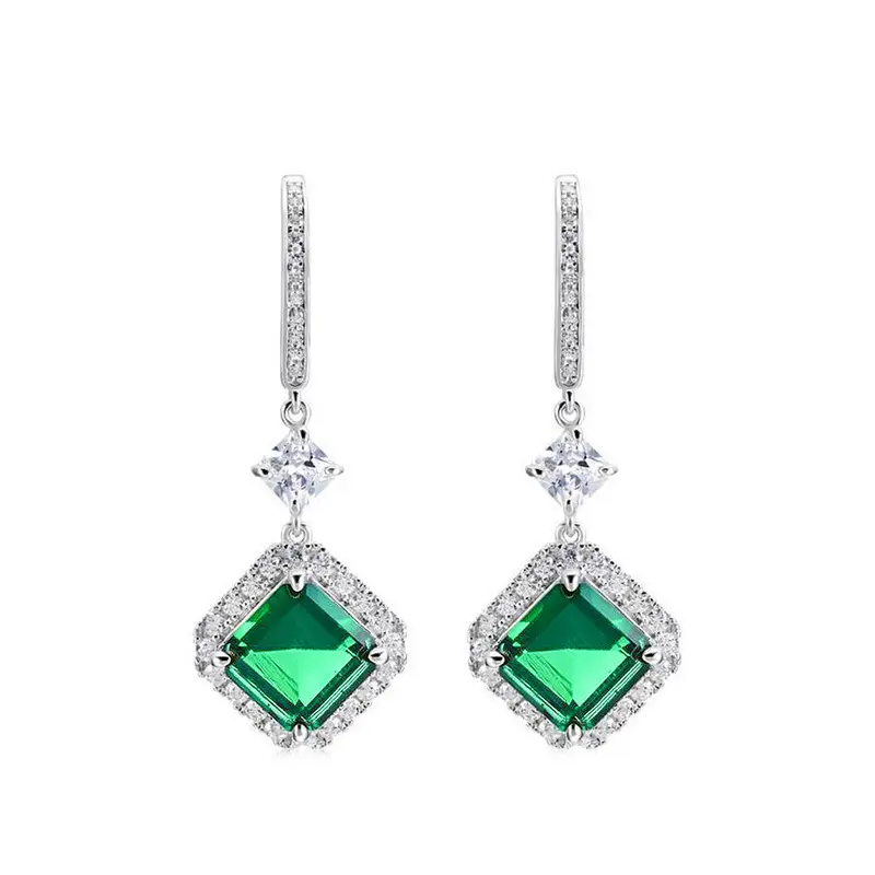 Women's S925 Silver Emerald Square Earrings
