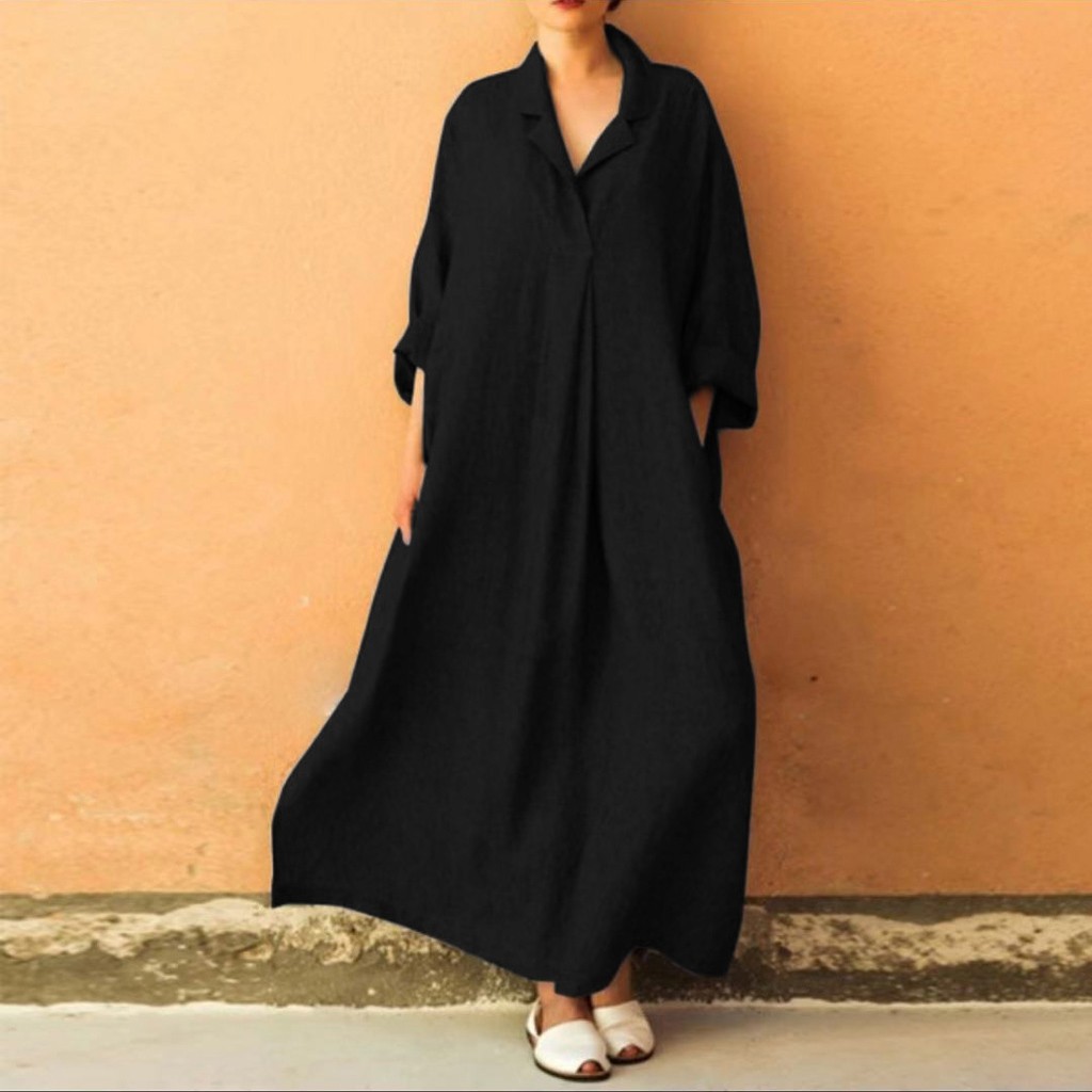Women Dress Loose Casual Ankle Length Office Lady Dress Solid  Lantern Sleeve Bohemian Loose Waist Women Dress