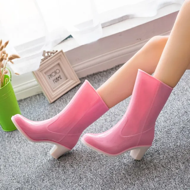 Fashion Mid tube Waterproof High heeled Rain Boots Pink - Shop at LoveMi