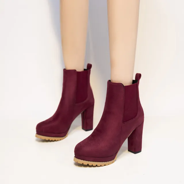 Round Toe Thick Heel Low top Waterproof Platform Elastic Sleeve Martin Boots Wine - Shop at LoveMi