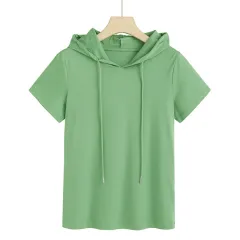 80's Mercerized Cotton Short-sleeved Hooded Women's T-shirt - Green - View 1