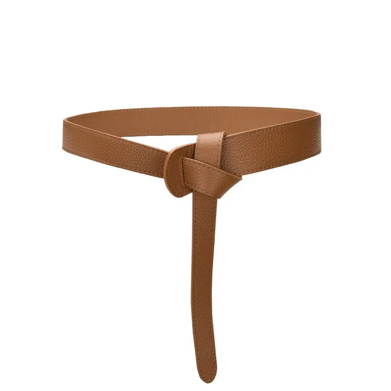 Top Layer Cowhide Belt For Women's Knotting And Versatile Decoration - Coffee