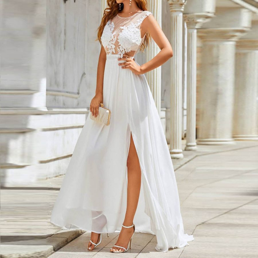 Title 5, Abito da sposa lungo con strascico in chiffon e...