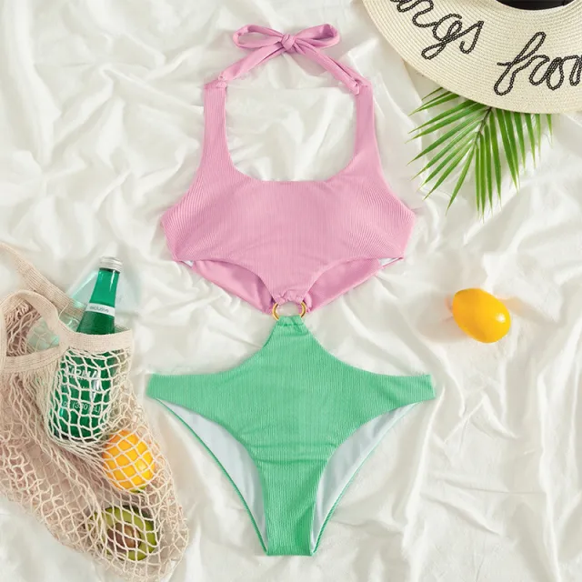 New One Piece Swimsuit U Neck Low Waist Bikini Ring Decoration Pink - Shop at LoveMi