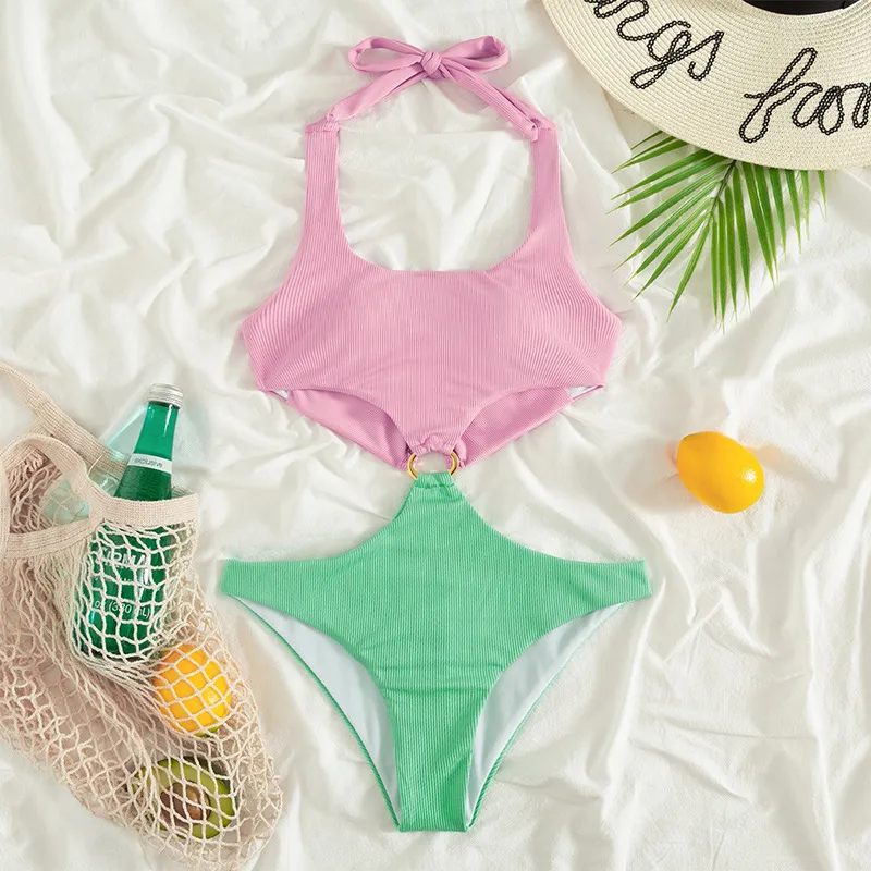 New One Piece Swimsuit U Neck Low Waist Bikini Ring Decoration - Pink