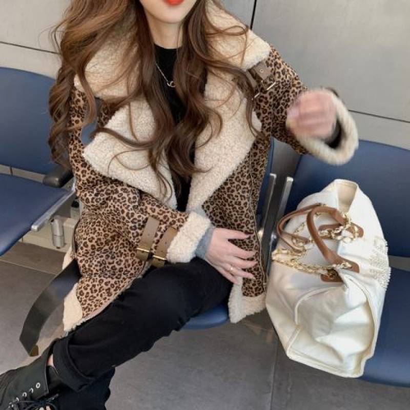 Leopard Print Coat Stitching Lamb Hair Lapel Thickened Long Sleeves
