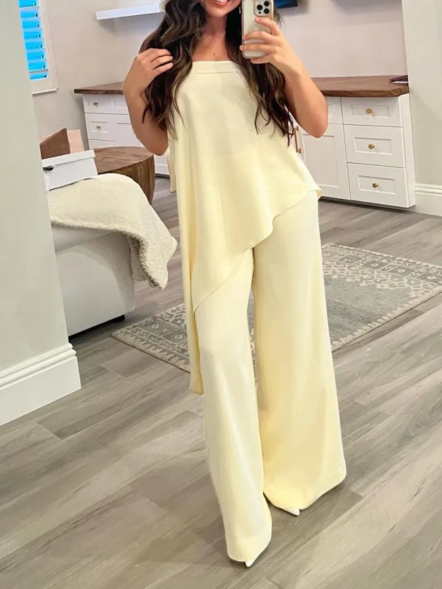 Women's Solid Color Irregular Top & Straight Pants Suit Apricot - Shop at LoveMi