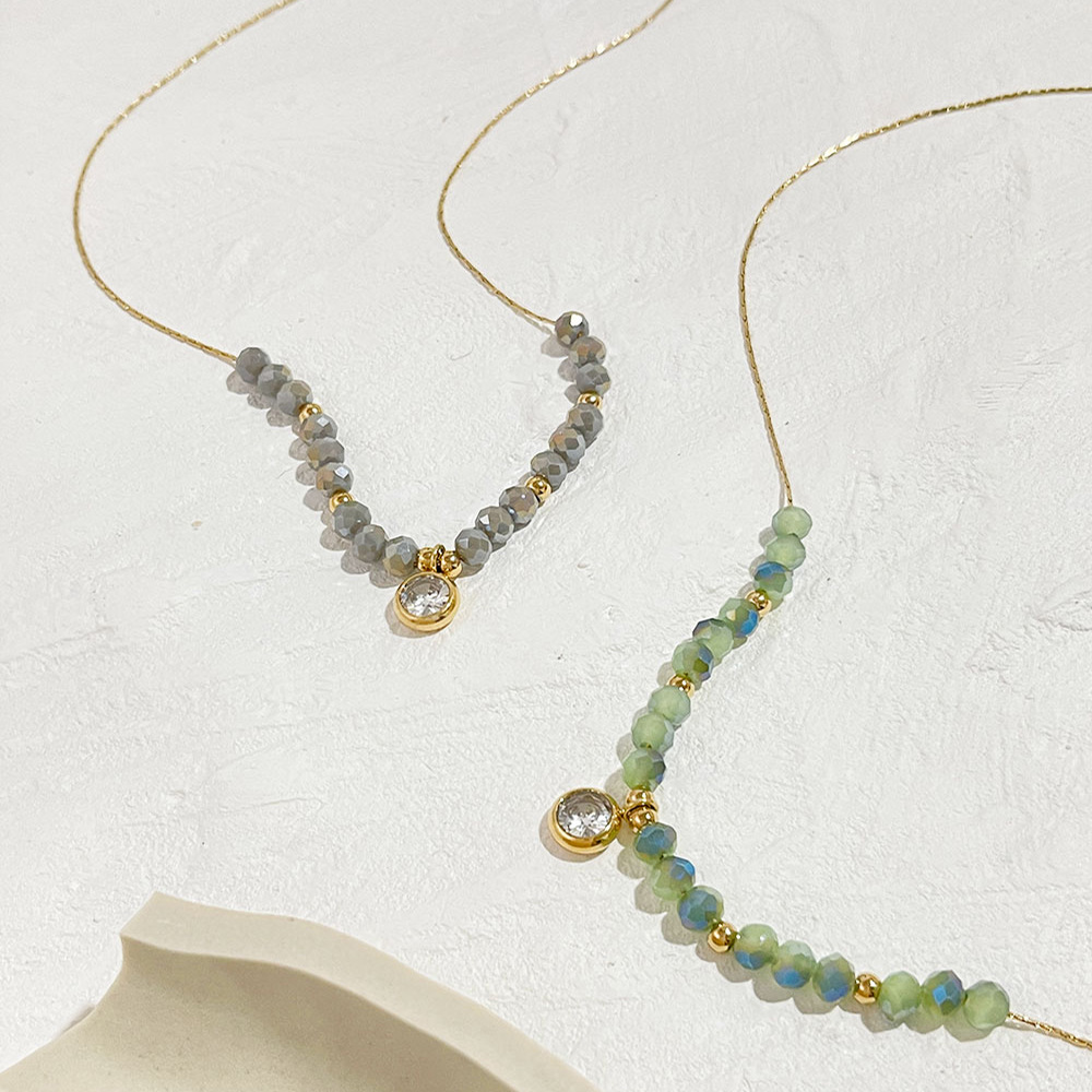 Vacation Style Natural Stone Beaded Zircon Pendant Titanium Steel Necklace