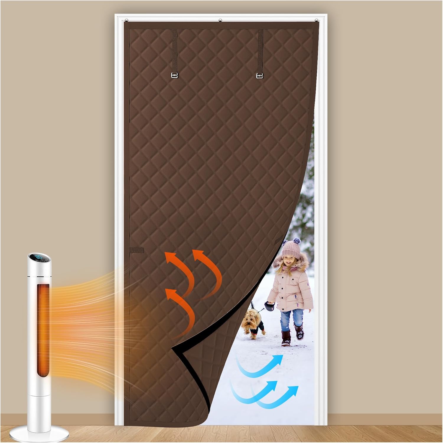 Magnetic Thermal Insulated Door Curtain, Thick Diamond Quilted Oxford Cloth Windproof Door Drape With Roll Up Storage Buckle, Cold Block Energy Saving Door Cover For Home Courtyard Balcony Winter Heat