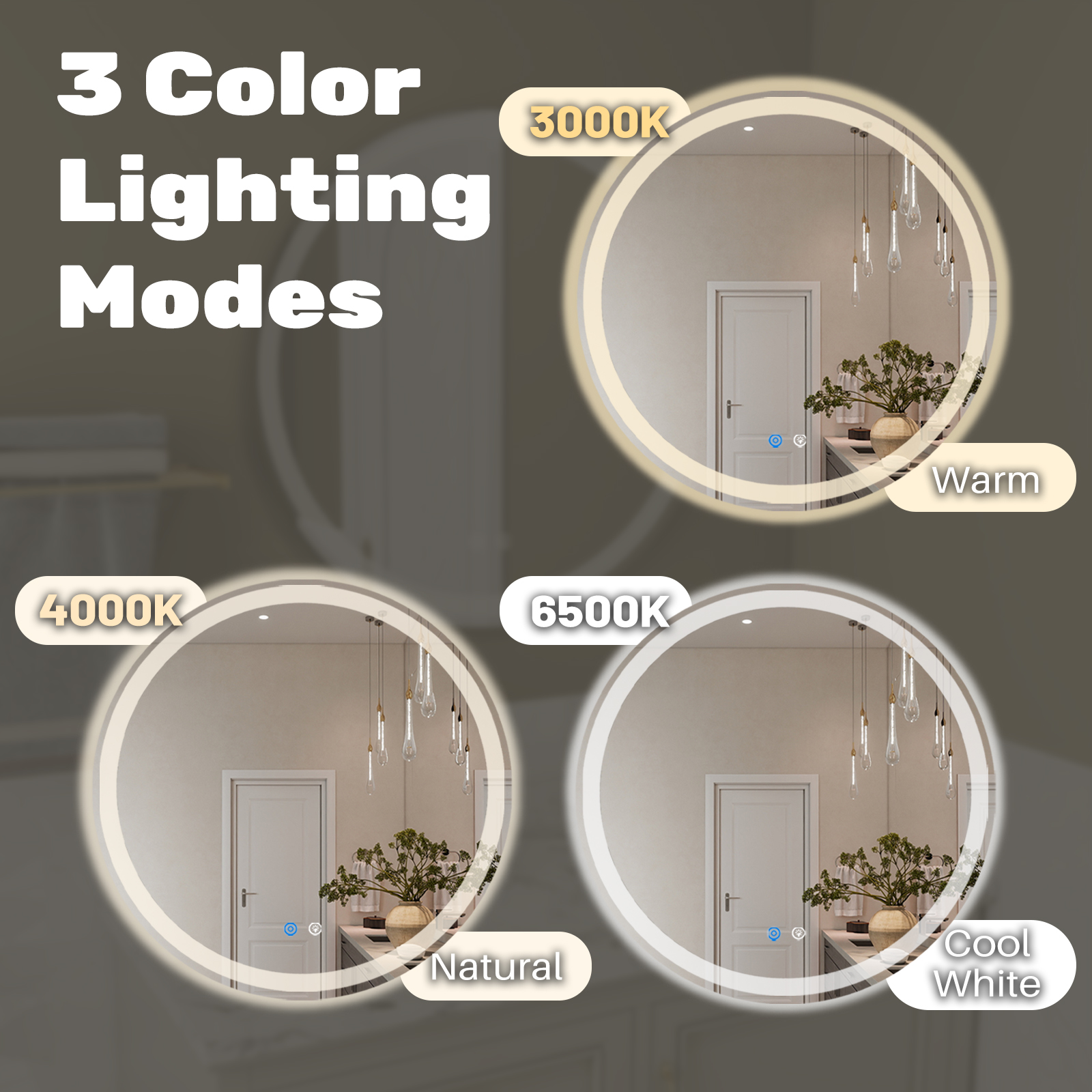 Smart Anti-fog LED Bathroom Mirror With Circular Dual Lights And 3-color Temperature Memory Dimming image 3