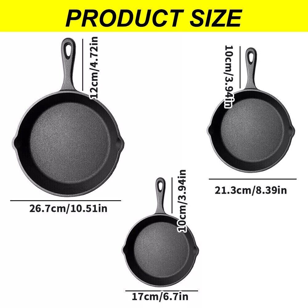 Set Of 3 Cast Iron Non Stick Skillet Griddle Cooking Pan Pre-Seasoned Frying — image 9