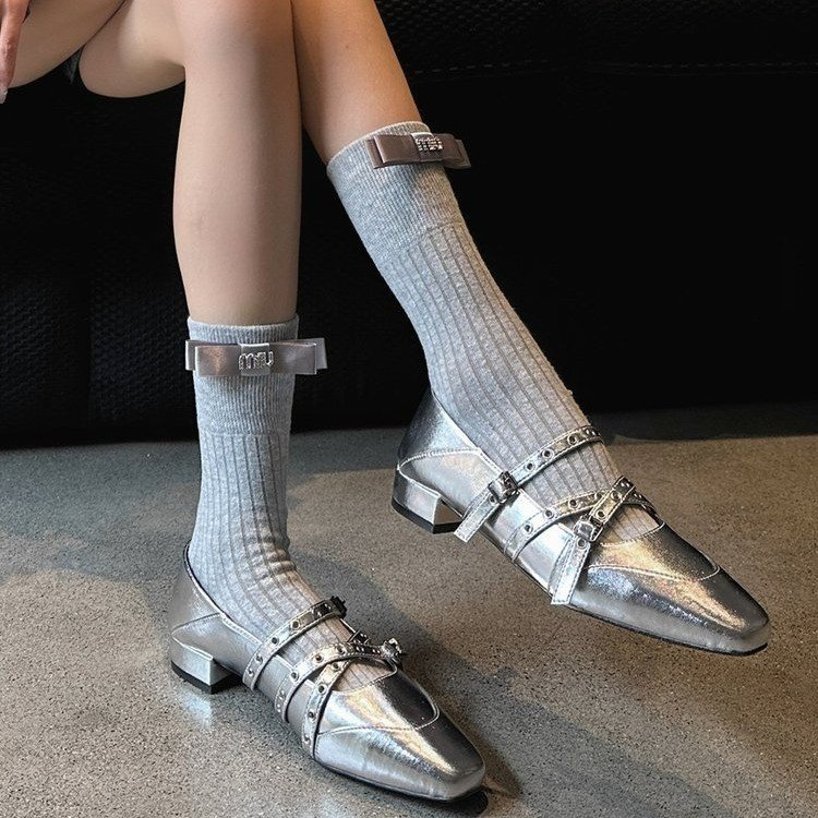 Women's 2026 Spring New Rivet Decor Mary Jane Shoes, Square Toe Cross Strap Flat Ballet Flats