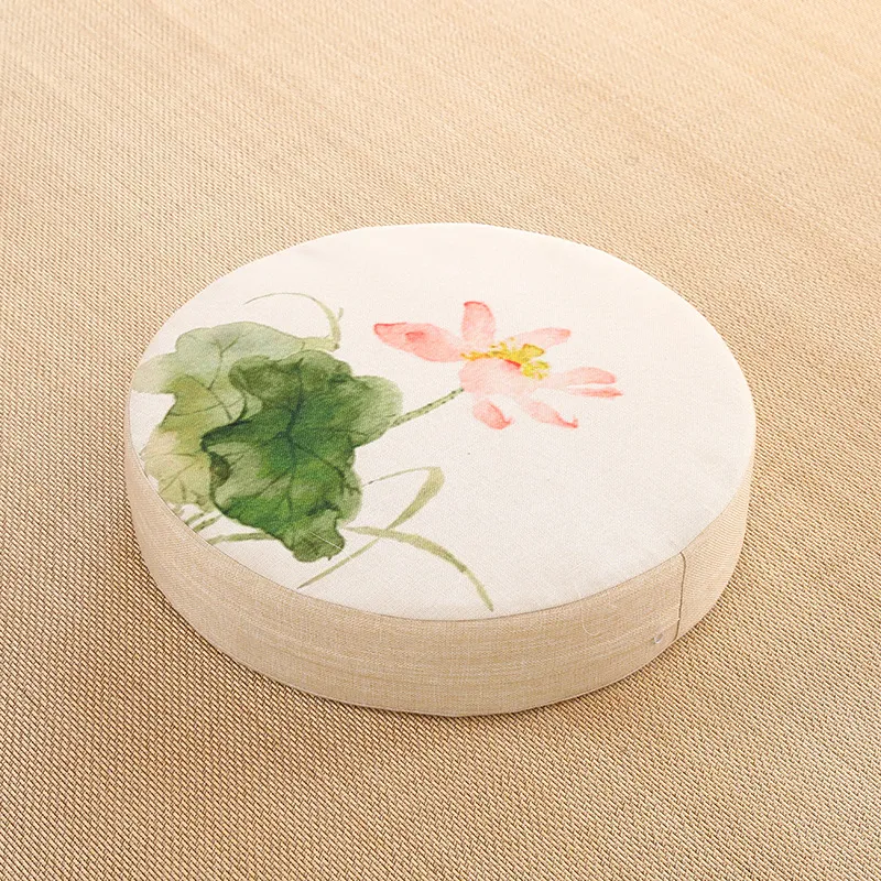 Embroidered linen futon round cushion - White A