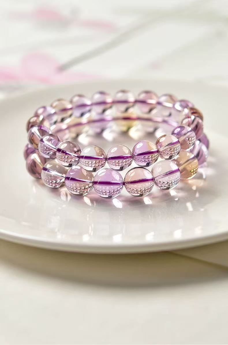 Natural Ametrine Bracelet Two Tone Round Beaded Chain Energy Jewelry For Women