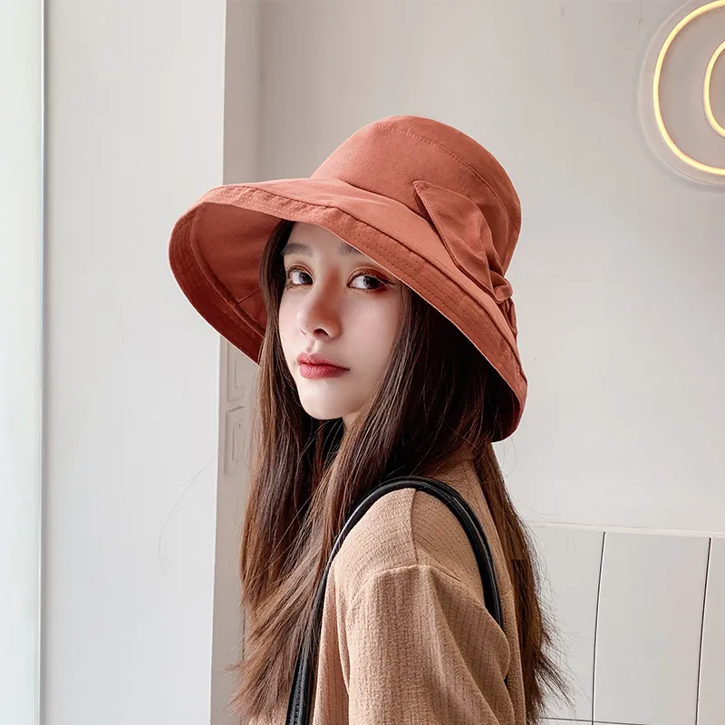 Women's Sunshade Summer Large Brim Bow Basin Hat - Rust Red