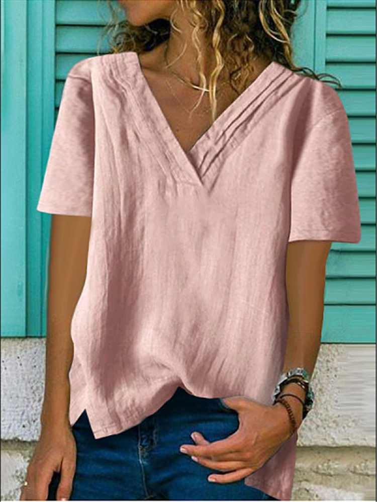 Title 9, Large V-neck Hem Bifurcated Short-sleeved Cotto...