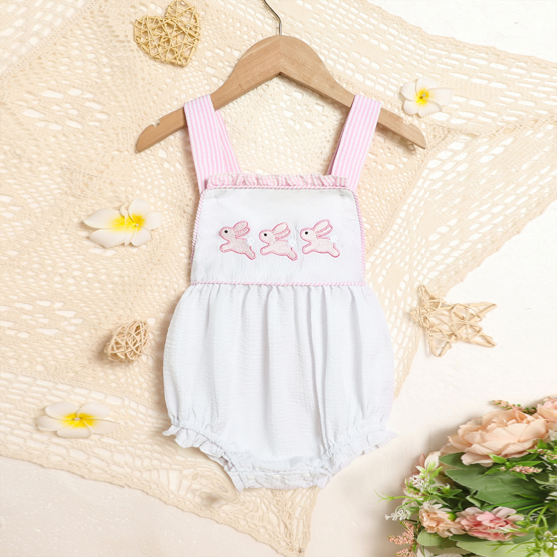 Baby Sweet Bunny Romper, Ruffle Trim Onesie With Adjustable Straps & Snap Closure