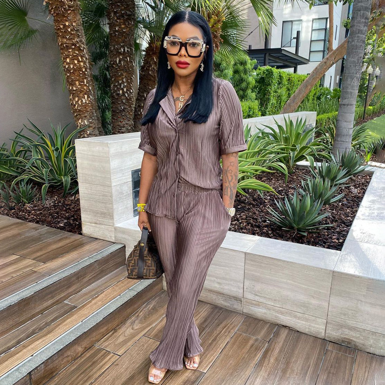 Green Short Sleeve Shirt Casual Pleated High Waist Wide Leg Pants Set