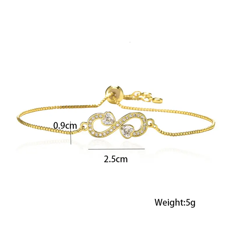 Pull Adjustable Brass Micro-set Zircon Heart Infinity Charm Bracelet Women