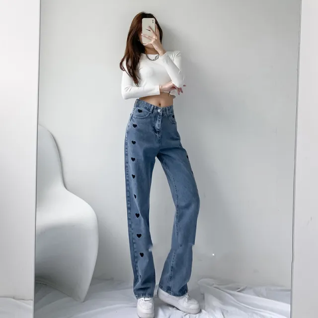 High Waist And Slim White Style Wide Leg Mopping Denim Trousers Blue - Shop at LoveMi
