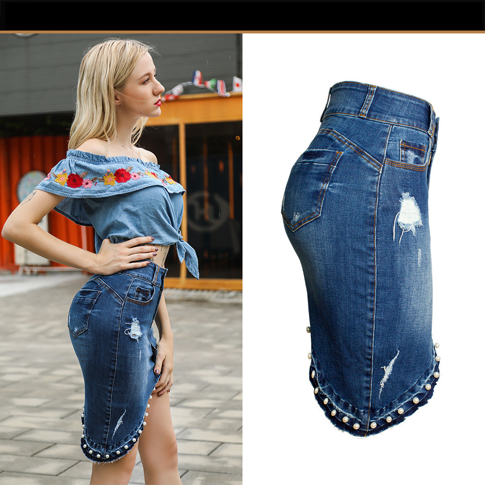 Irregular Beaded Pearl Denim Skirt