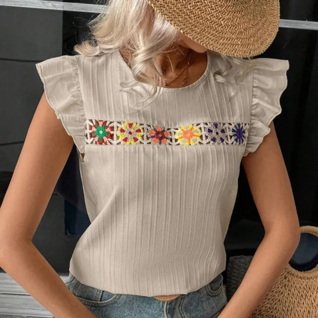 Women's Ruffle Short Sleeve Summer Tops Cute Crew Neck Floral Crochet Blouses Shirts Apricot - Shop at LoveMi