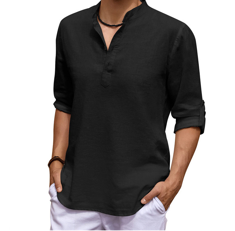 Men's Cotton Linen Casual Stand Collar Solid Color Long Sleeve Shirt