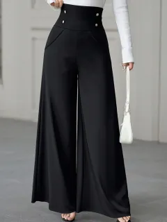 Women's Minimalist Elegant High Waist Tummy Control Black Wide Leg Pants With Pockets Suitable For Work Office Wear - Black - View 1