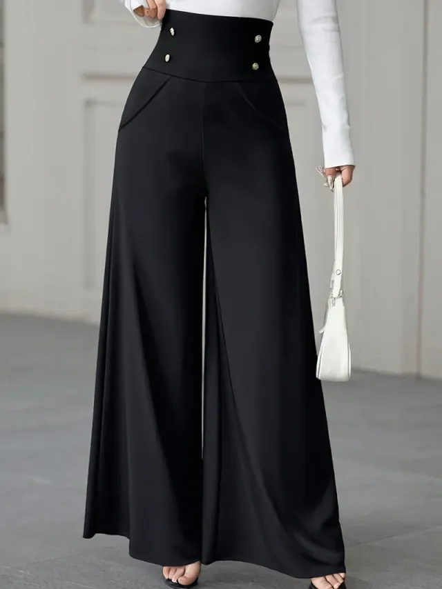 Women's Minimalist Elegant High Waist Tummy Control Black Wide Leg Pants With Pockets Suitable For Work Office Wear Black - Shop at LoveMi