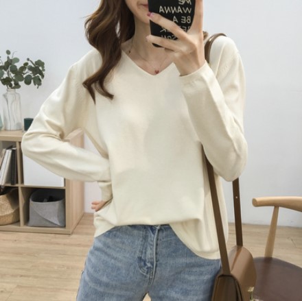 Title 7, Loose Slimming V-neck Solid Color Long-sleeved ...