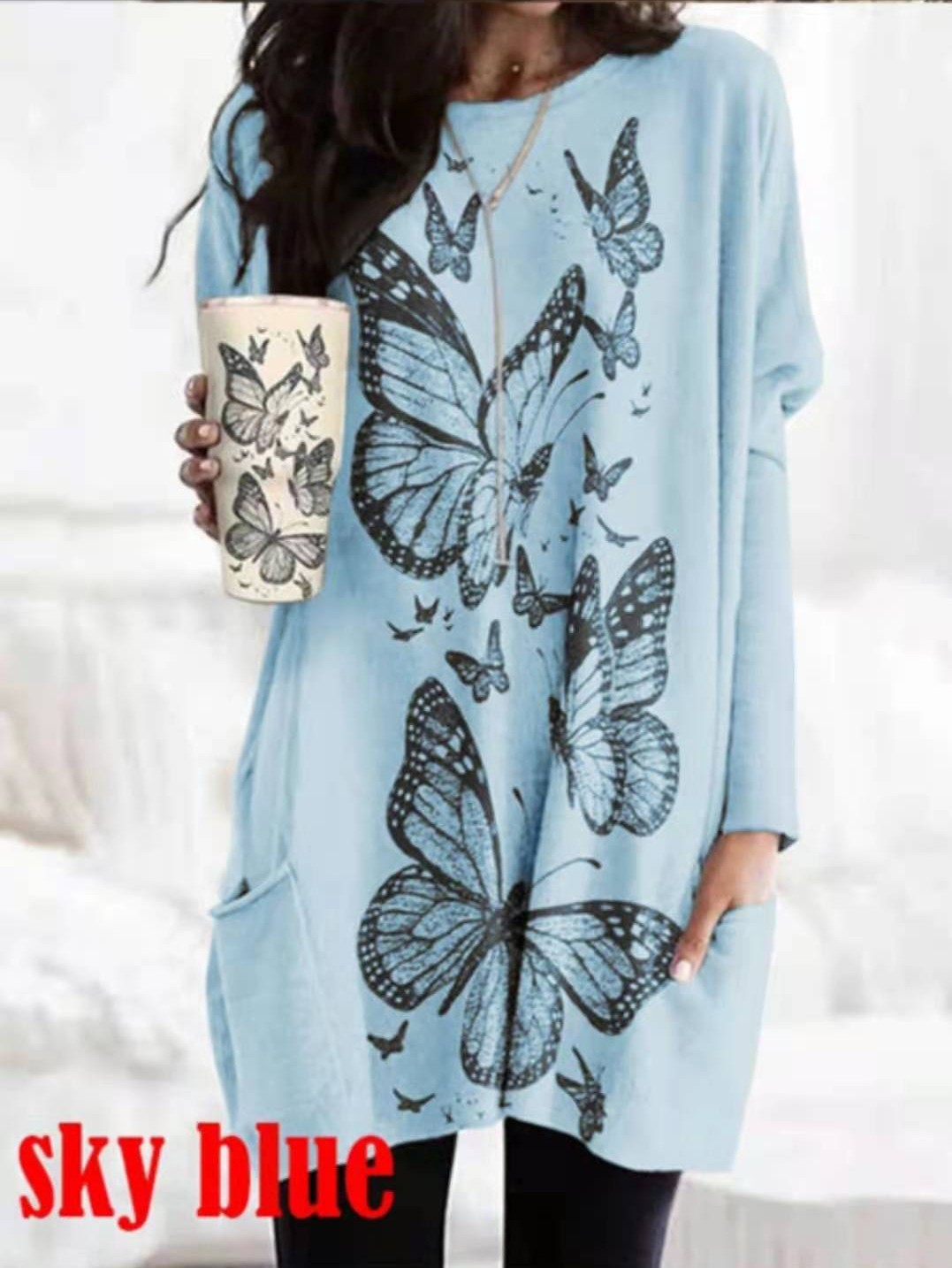 Title 2, Pure Color Butterfly Print Round Neck Dress