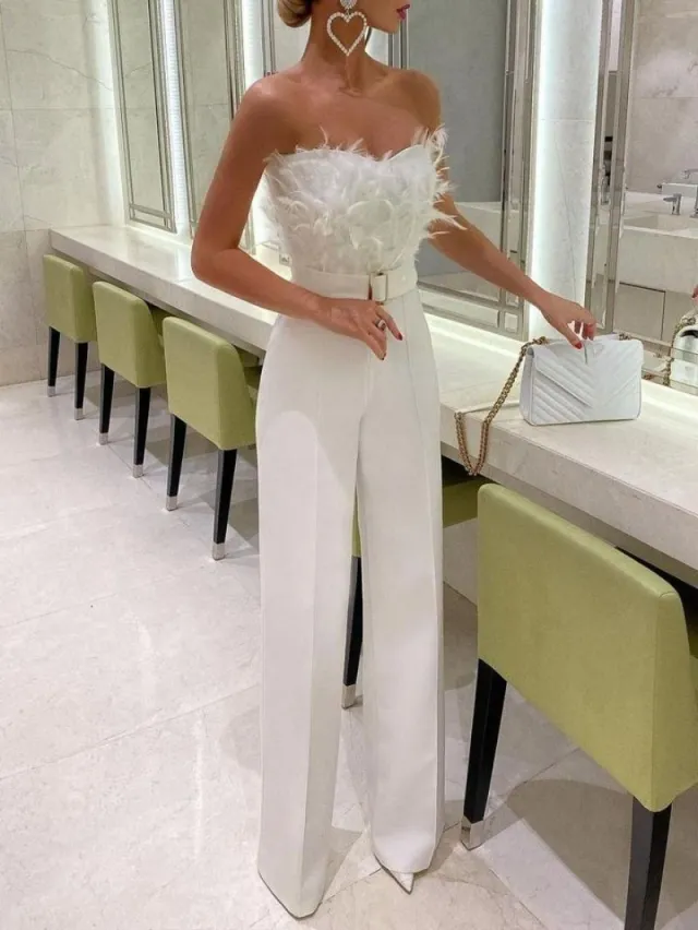 Temperament Feather Tube Top Jumpsuit Party Dress Pants White - Shop at LoveMi
