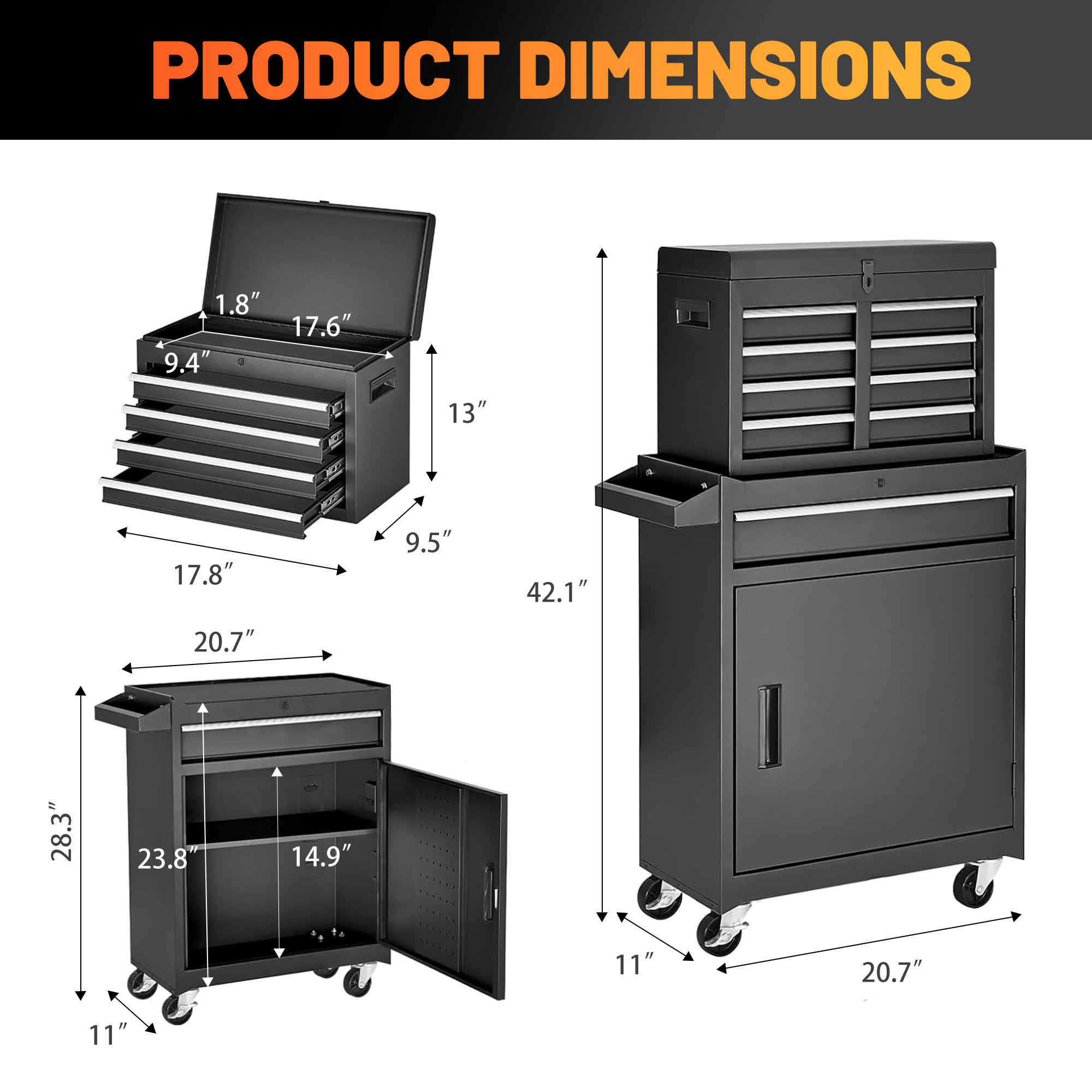 Excelo Tool Chest, 5-Drawer Rolling Tool Storage Cabinet With Detachable Top Tool Box, Liner, Universal Lockable Wheels, Adjustable Shelf, Locking Mechanism, Metal Tool Cart For Garage Workshop — foto 2