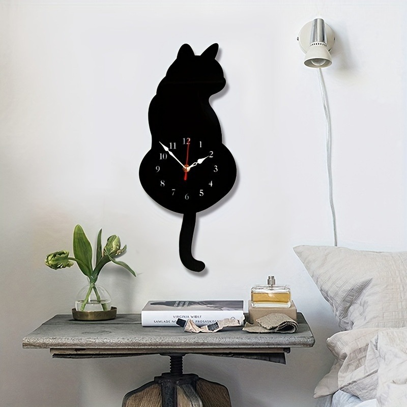 Title 4, Whimsical Black Cat Pendulum Wall Clock With Mo...