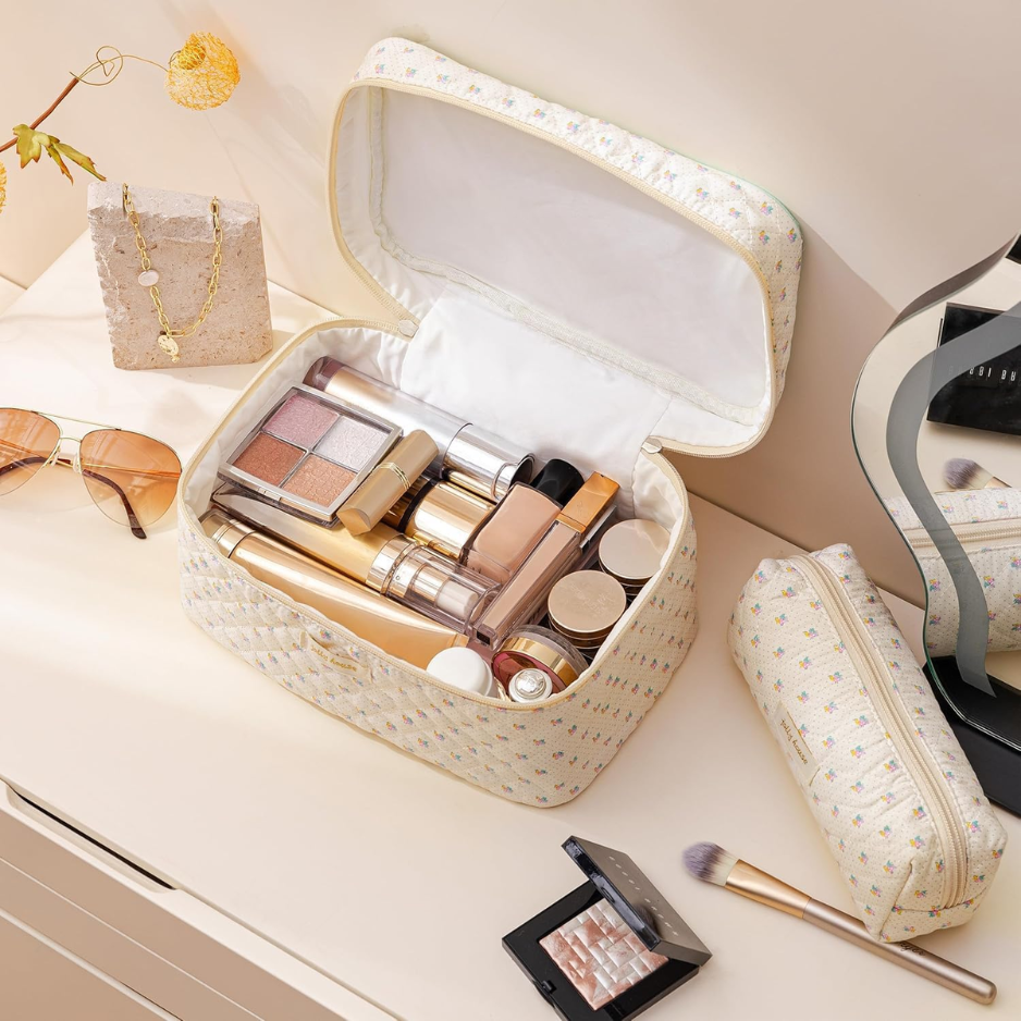 Quilted Cotton Makeup Bag Set