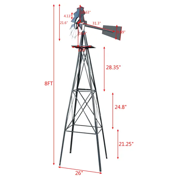Grey And Red With Wind Vane, 4-pod Standing Windmill