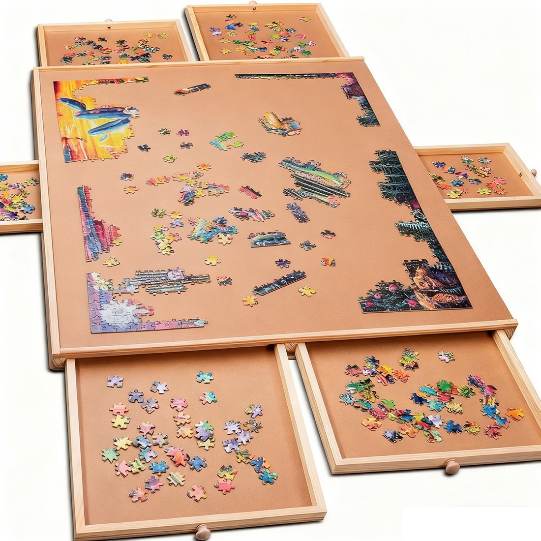 Wooden Jigsaw Puzzle Board Puzzle Storage Table W 6 Slid