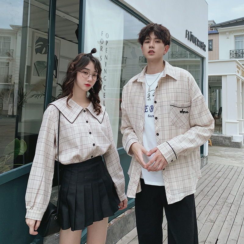 Men's And Women's Plaid Doll Collar Long-sleeved Shirt