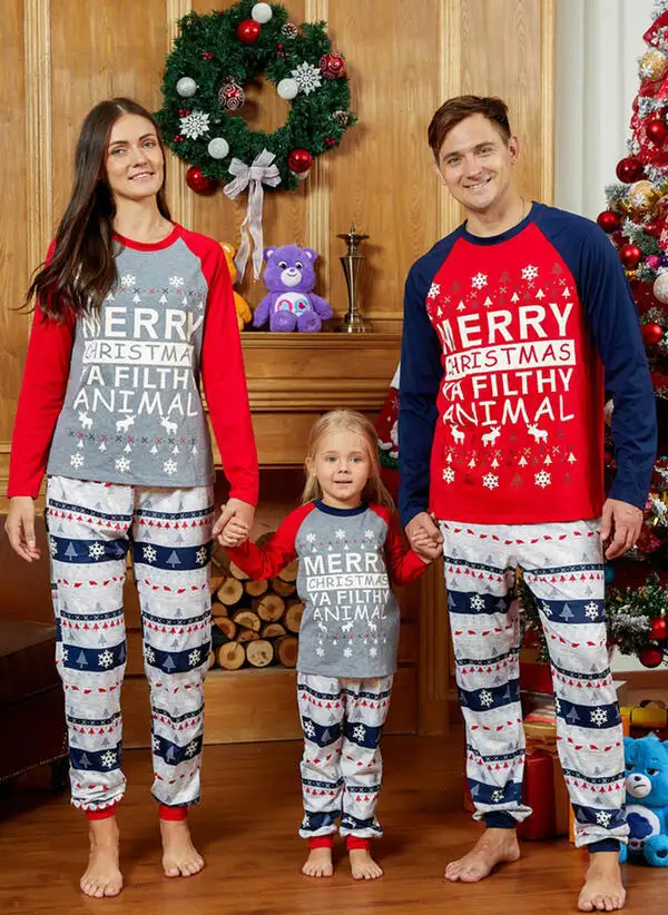 Christmas Parent-child Letter Print Round Neck Color-blocking