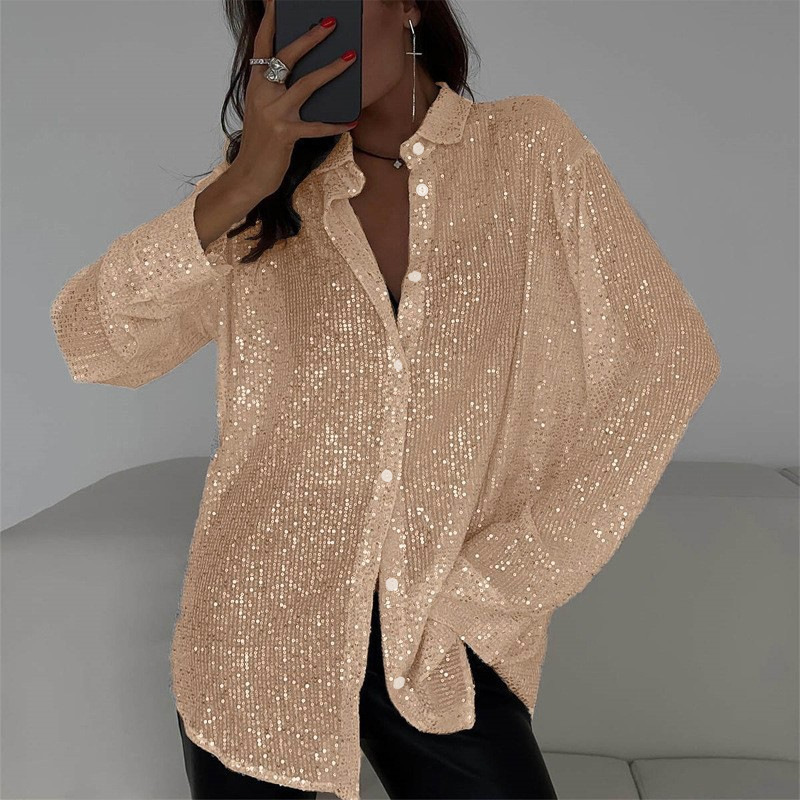Long sleeved Sequin Shirt Ins Fashion Lapel Tops For Party Street style Women's Clothing Champagne S - Shop at LoveMi