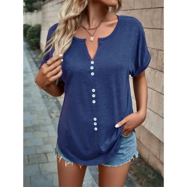 V neck Short Sleeve Tops Shirt Summer Button Design Blouse Dark Blue - Shop at LoveMi