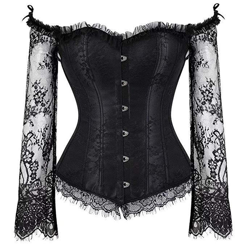 Women's Vintage Corset Top With Lace Long Sleeves, Off Shoulder Sexy Laced Blouse For Party And Date Night Black - Shop at LoveMi