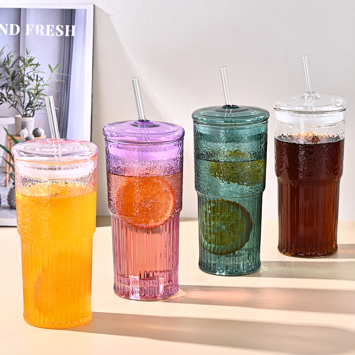 20 Oz 2-pack Glass Straw Cup With Vertical Pattern Cup And Lid, High Borosilicate Heat-resistant Glass Cup For Juice, Milk And Cold Drinks