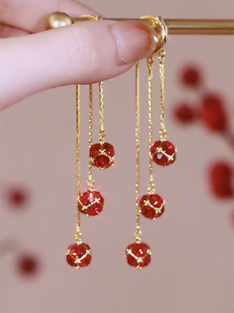 Three Three Red Diamond Ball Earrings Girl