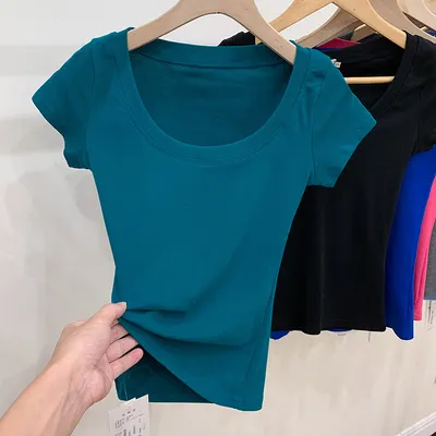 Cotton T shirt Women's Short Sleeve Low Collar Collarbone Emerald - Shop at LoveMi