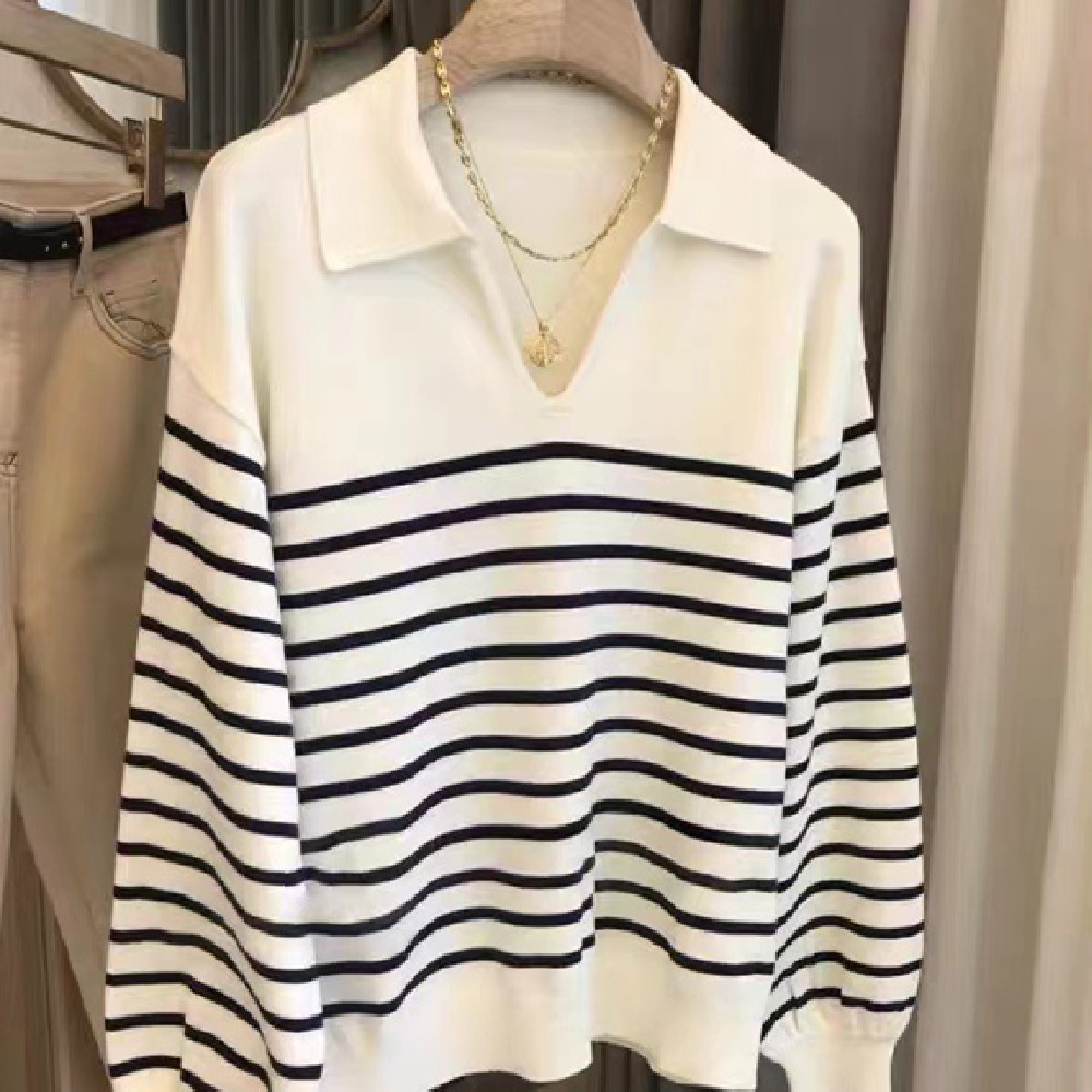 French Striped Polo Collar Sweater Worsted Wool