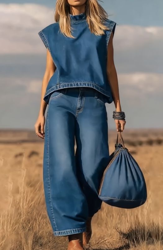 Loose Collar Wide Leg Pants Set