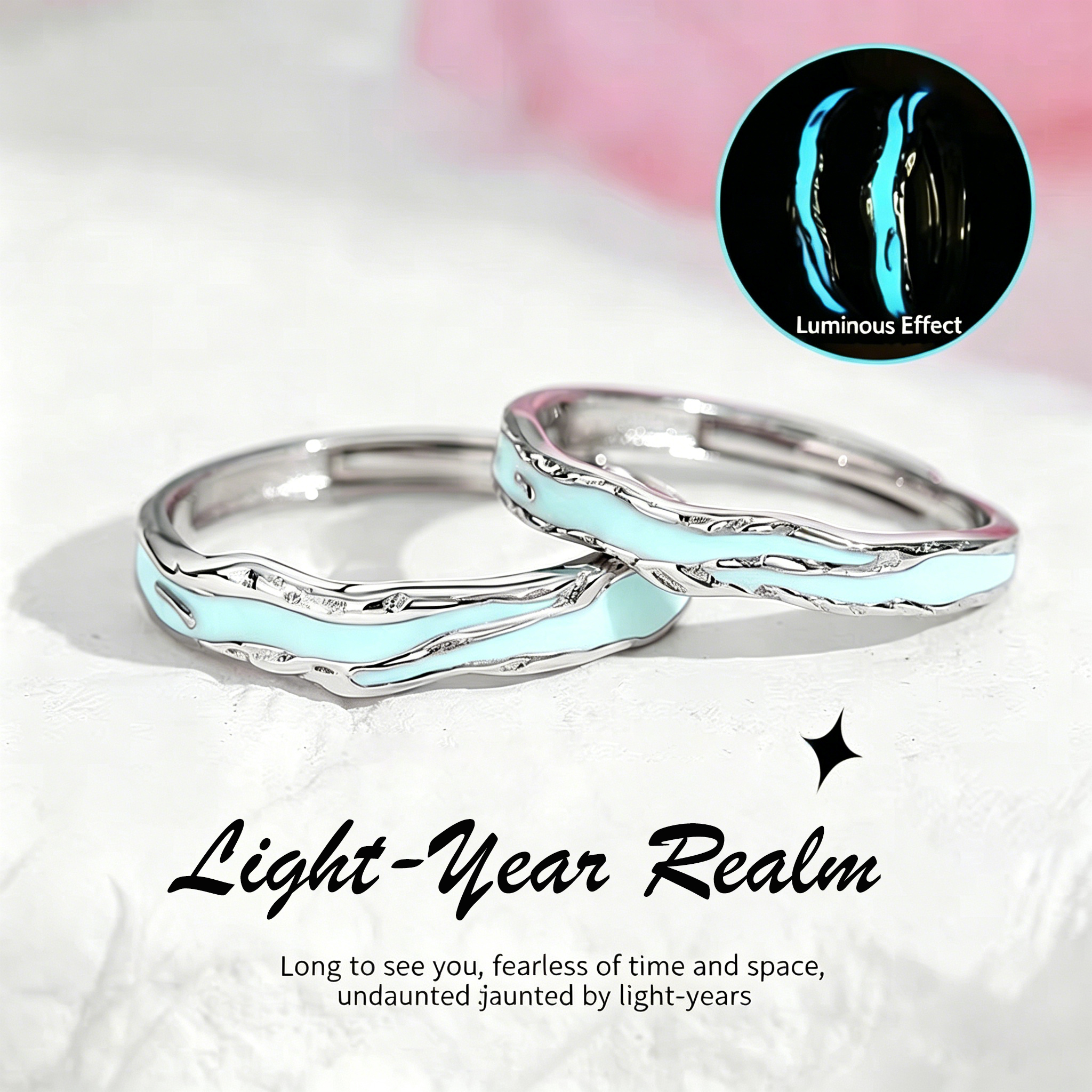 1 Pair 999 Sterling Silver Light-Year Luminous Enamel Couple Rings, Adjustable Promise Rings, Ideal Valentine's Day Gift For Lovers