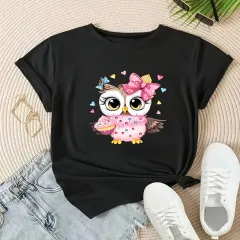 Women's Owl & Heart Print Round Neck T-Shirt Cute Casual Spring Summer Graphic Tee - Black - View 1